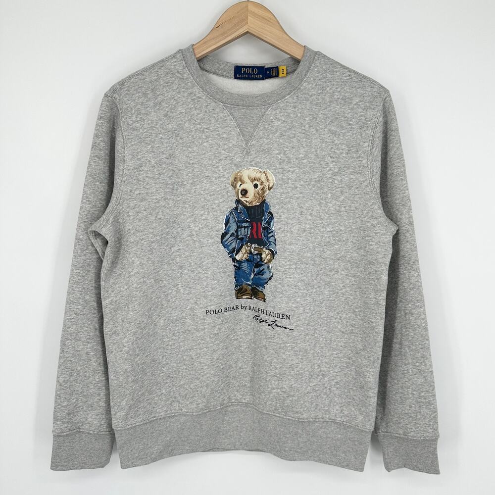 Ralph Lauren Polo Bear Logo Fleece Sweatshirt Crew Neck Heather Denim Bear Gray - Picture 6 of 15